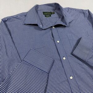 Lauren Ralph Lauren Mens 17.5 34/35 Gingham Dress Shirt Navy Blue Classic Fit